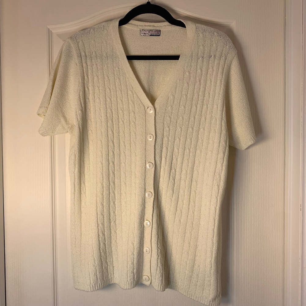 Vintage INFUSE Cream Cable Knit Button-Up Short Sleeve Cardigan Sweater L 90s